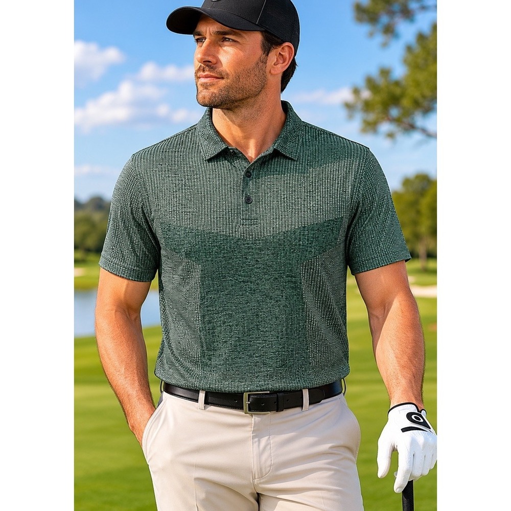 Xersion Train Polo Shirt Green Heather Seamless Breathable Slim Fit Mens Sz Med